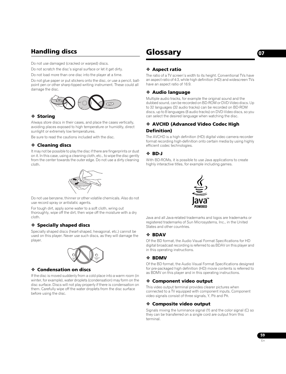 Handling discs, Glossary | Pioneer BONUS VIEW BDP-51FD User Manual | Page 59 / 72