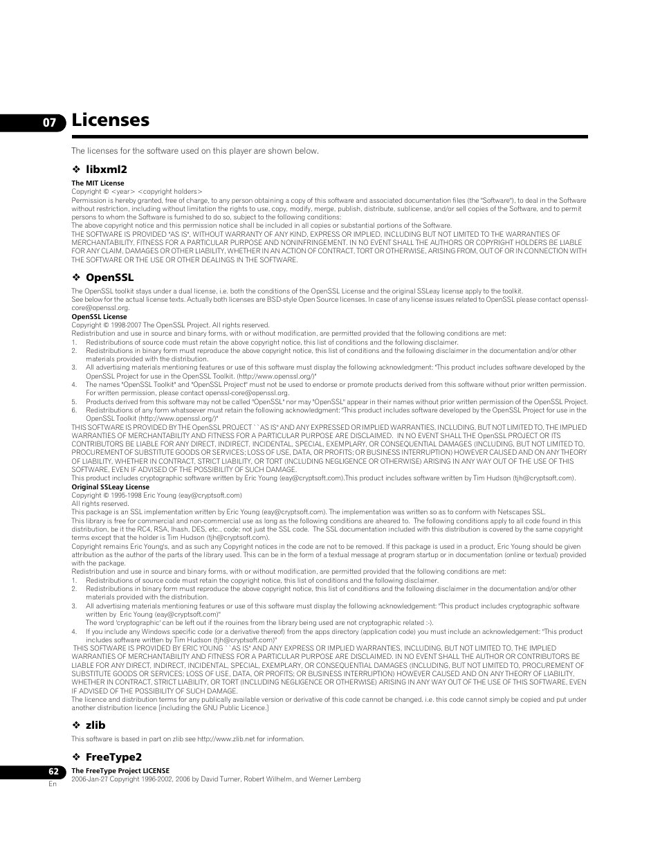 Licenses, Libxml2, Openssl | Zlib, Freetype2 | Pioneer BONUS VIEW BDP-51FD User Manual | Page 62 / 72