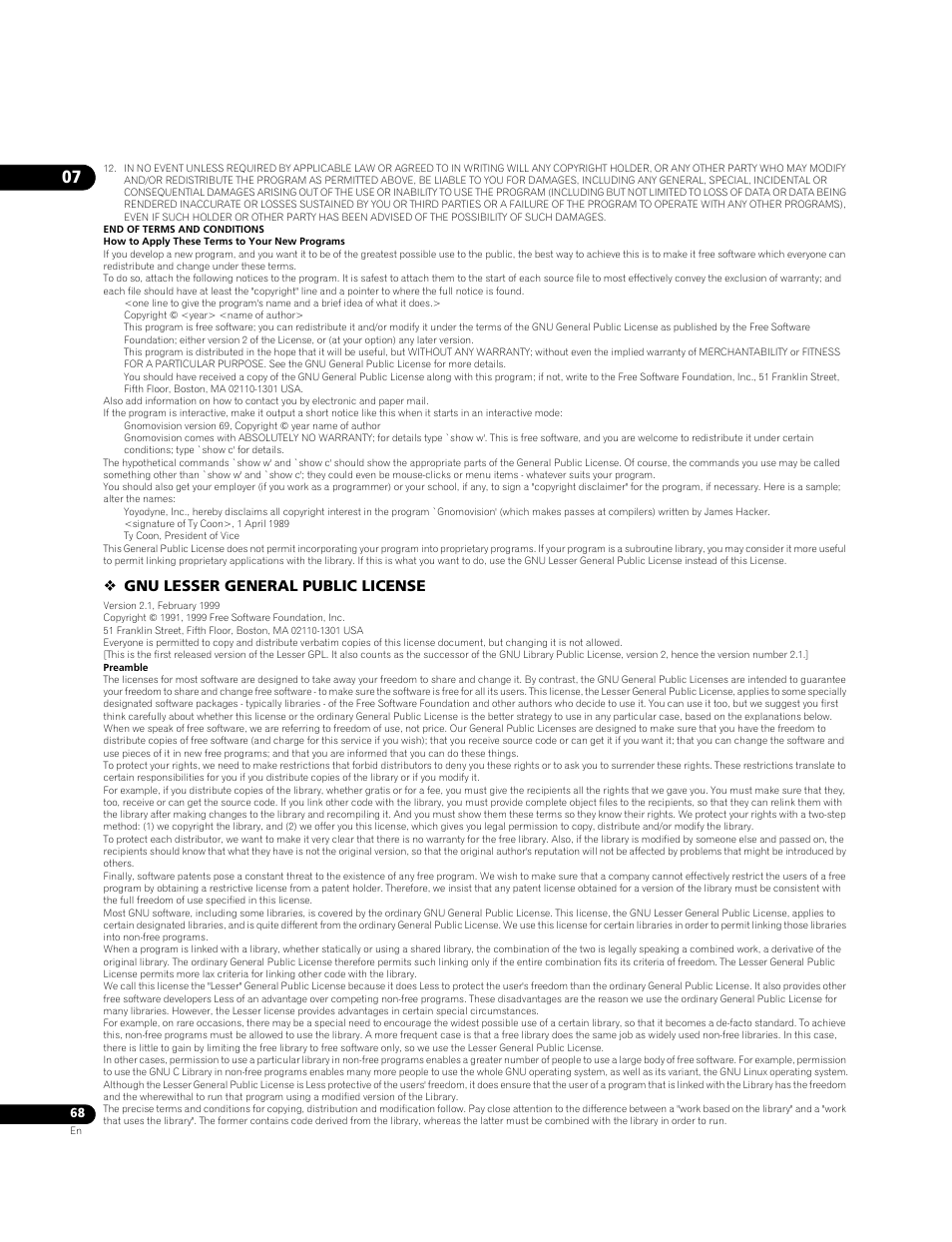 Gnu lesser general public license | Pioneer BONUS VIEW BDP-51FD User Manual | Page 68 / 72