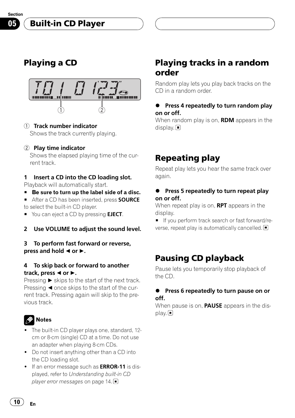 Playing a cd, Playing tracks in a random order, Repeating play | Pausing cd playback, Built-in cd player | Pioneer DEH-1700 User Manual | Page 10 / 46