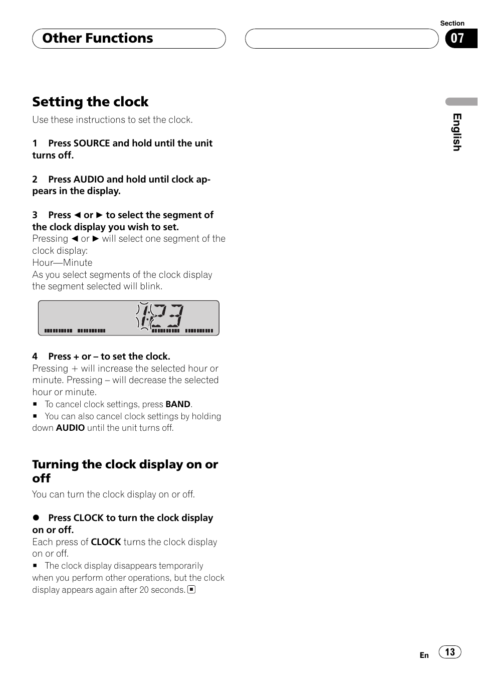Other functions setting the clock 13, Turning the clock display on or off 13, Setting the clock | Other functions | Pioneer DEH-1700 User Manual | Page 13 / 46