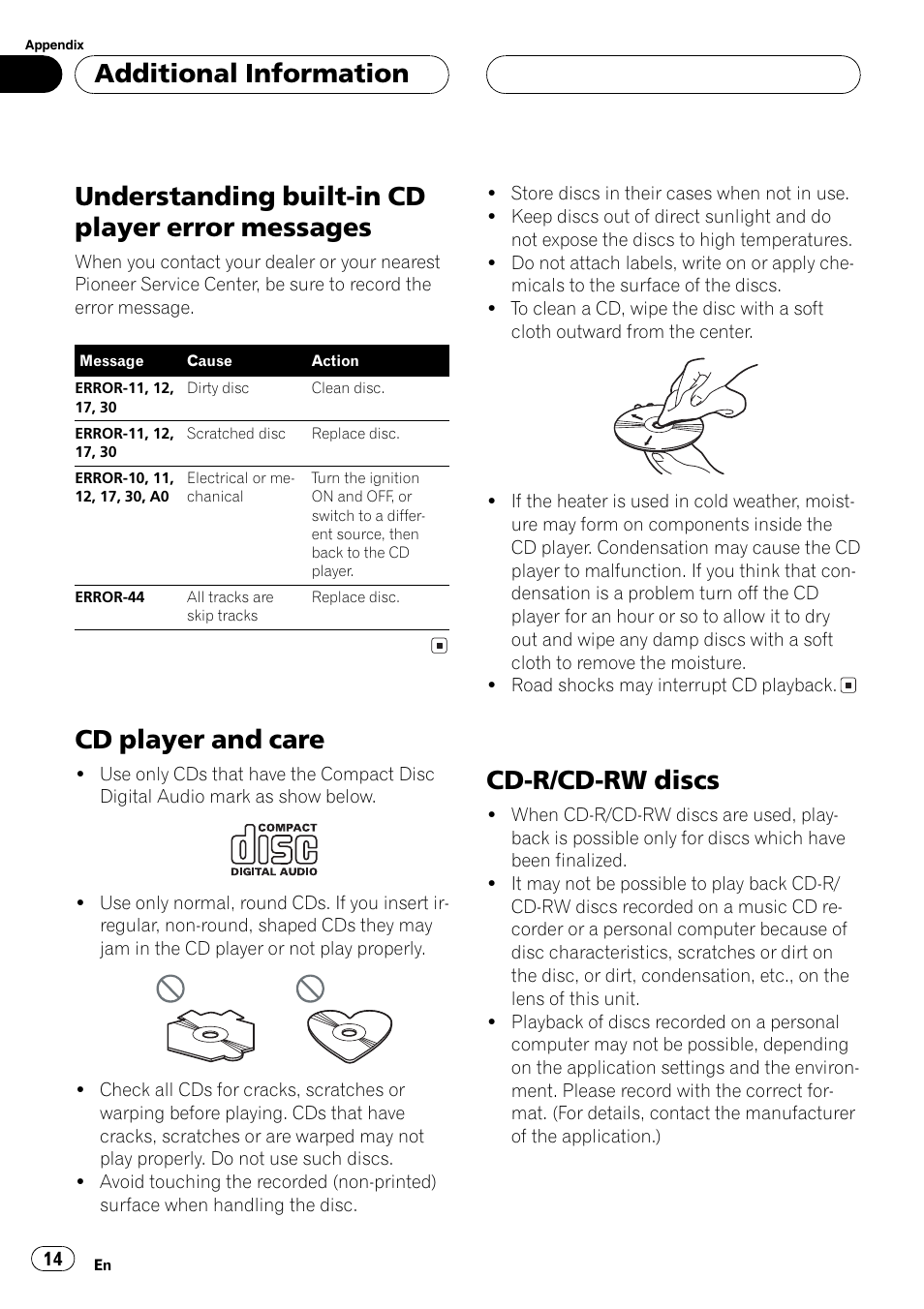 Messages 14, Cd player and care 14 cd-r/cd-rw discs 14, Understanding built-in cd player error messages | Cd player and care, Cd-r/cd-rw discs, Additional information | Pioneer DEH-1700 User Manual | Page 14 / 46