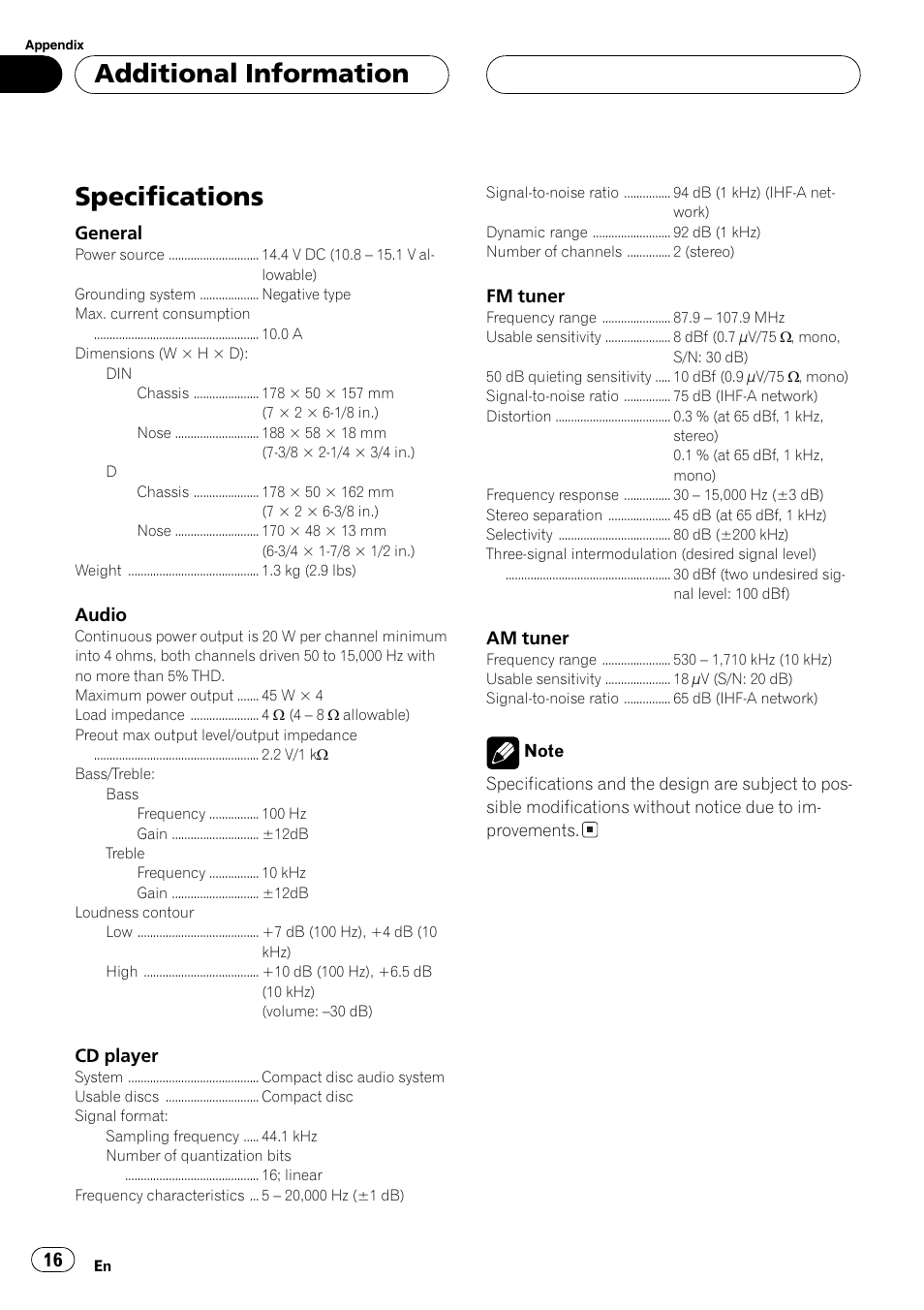Specifications 16, Specifications, Additional information | Pioneer DEH-1700 User Manual | Page 16 / 46