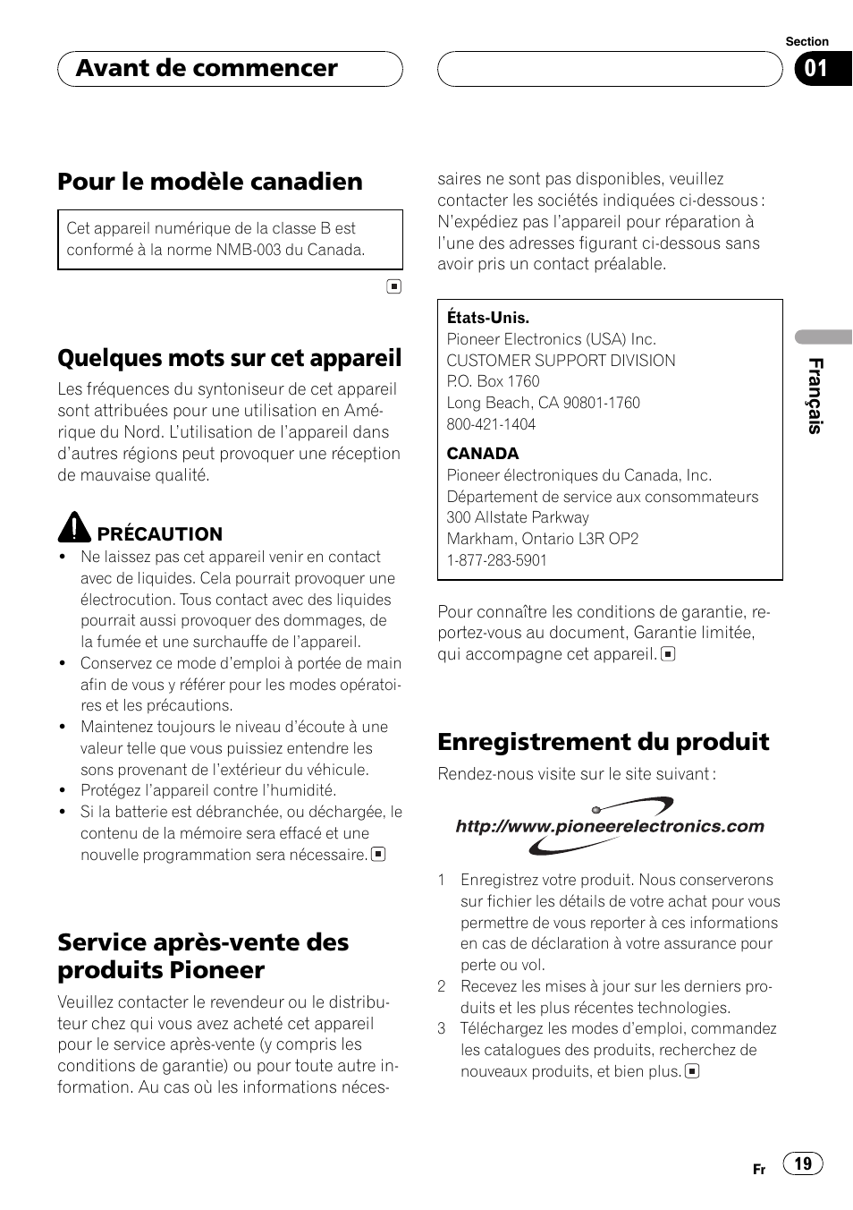 Pour le modèle canadien, Quelques mots sur cet appareil, Service après-vente des produits pioneer | Enregistrement du produit, Avant de commencer | Pioneer DEH-1700 User Manual | Page 19 / 46