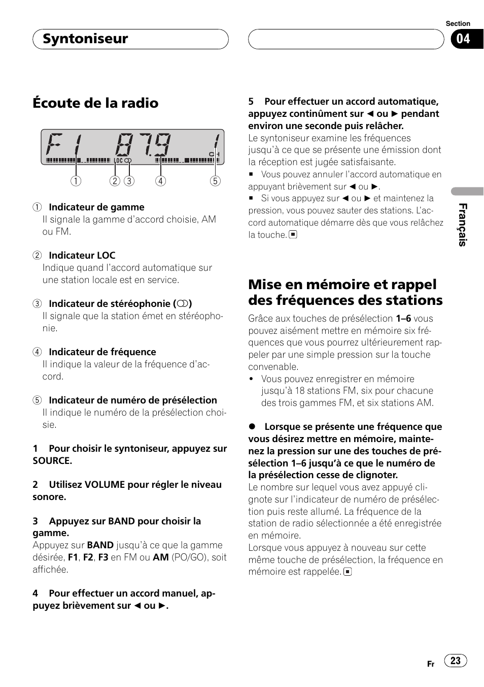 Des stations 23, Écoute de la radio, Syntoniseur | Pioneer DEH-1700 User Manual | Page 23 / 46