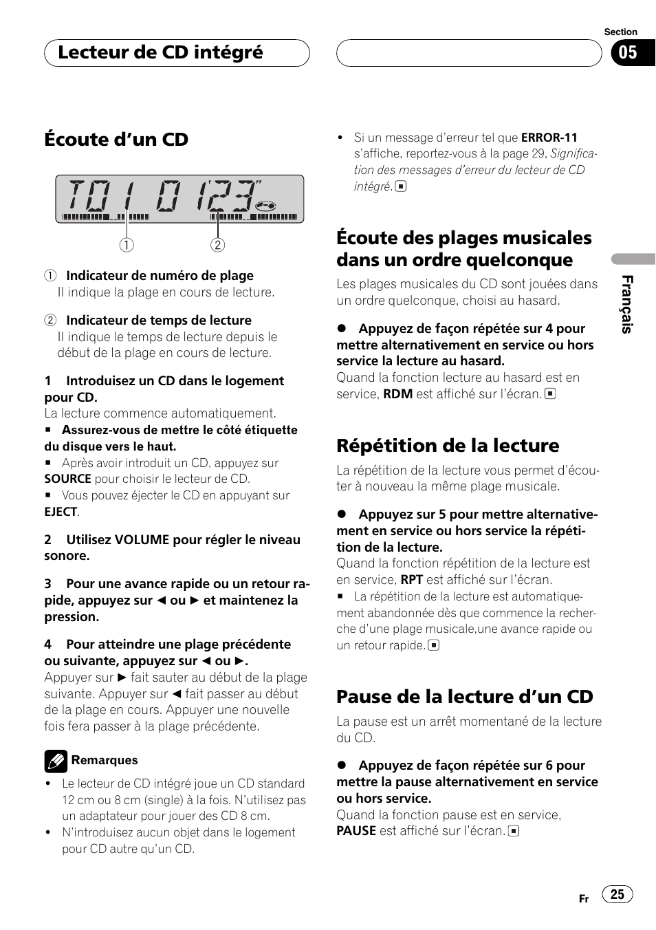 Quelconque 25, Écoute dun cd, Répétition de la lecture | Pause de la lecture dun cd, Lecteur de cd intégré | Pioneer DEH-1700 User Manual | Page 25 / 46