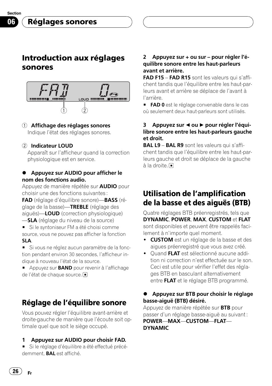 Des aiguës (btb) 26, Introduction aux réglages sonores, Réglage de léquilibre sonore | Réglages sonores | Pioneer DEH-1700 User Manual | Page 26 / 46