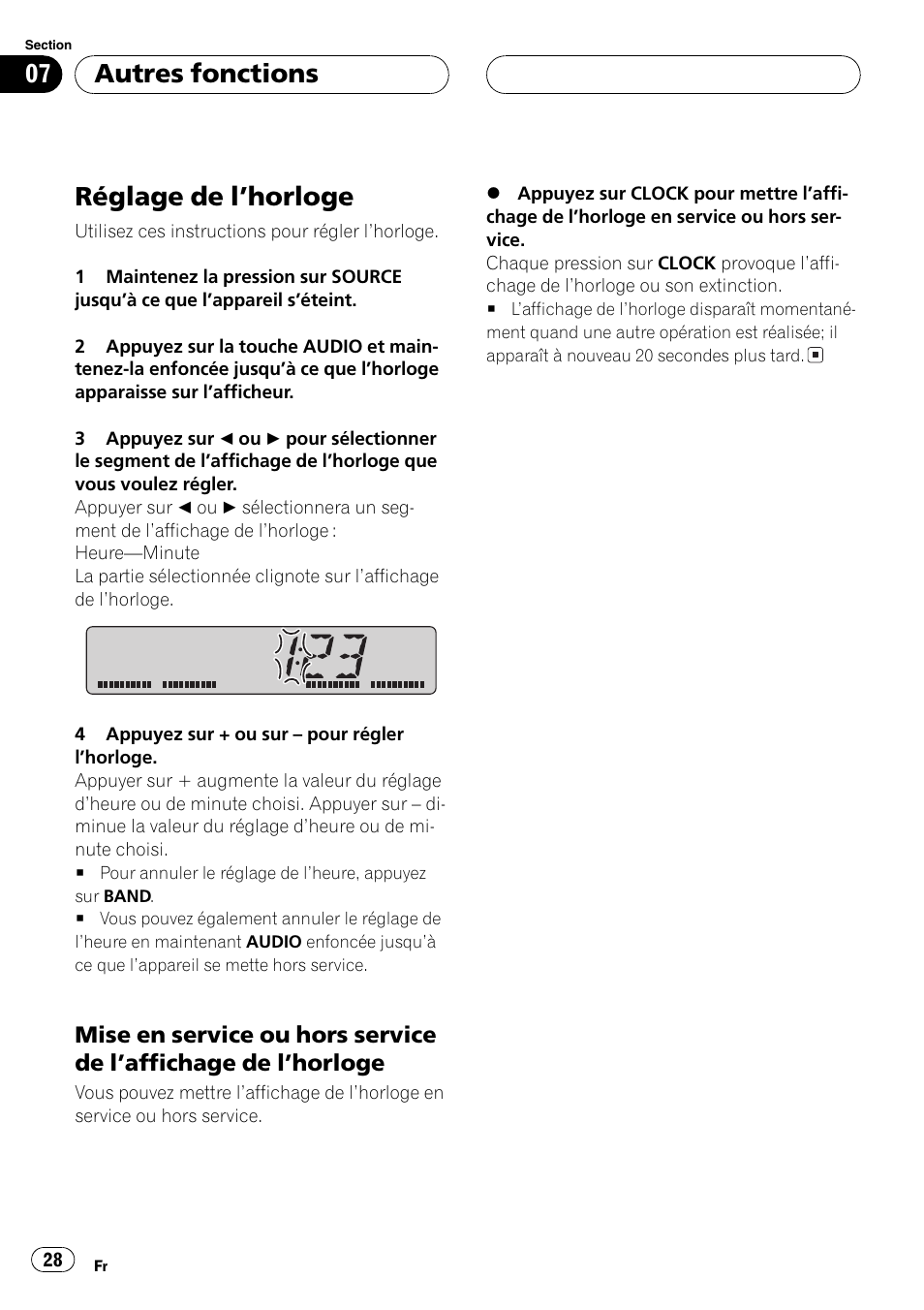 Autres fonctions réglage de lhorloge 28, Mise en service ou hors service de, Laffichage de lhorloge 28 | Réglage de lhorloge, Autres fonctions | Pioneer DEH-1700 User Manual | Page 28 / 46