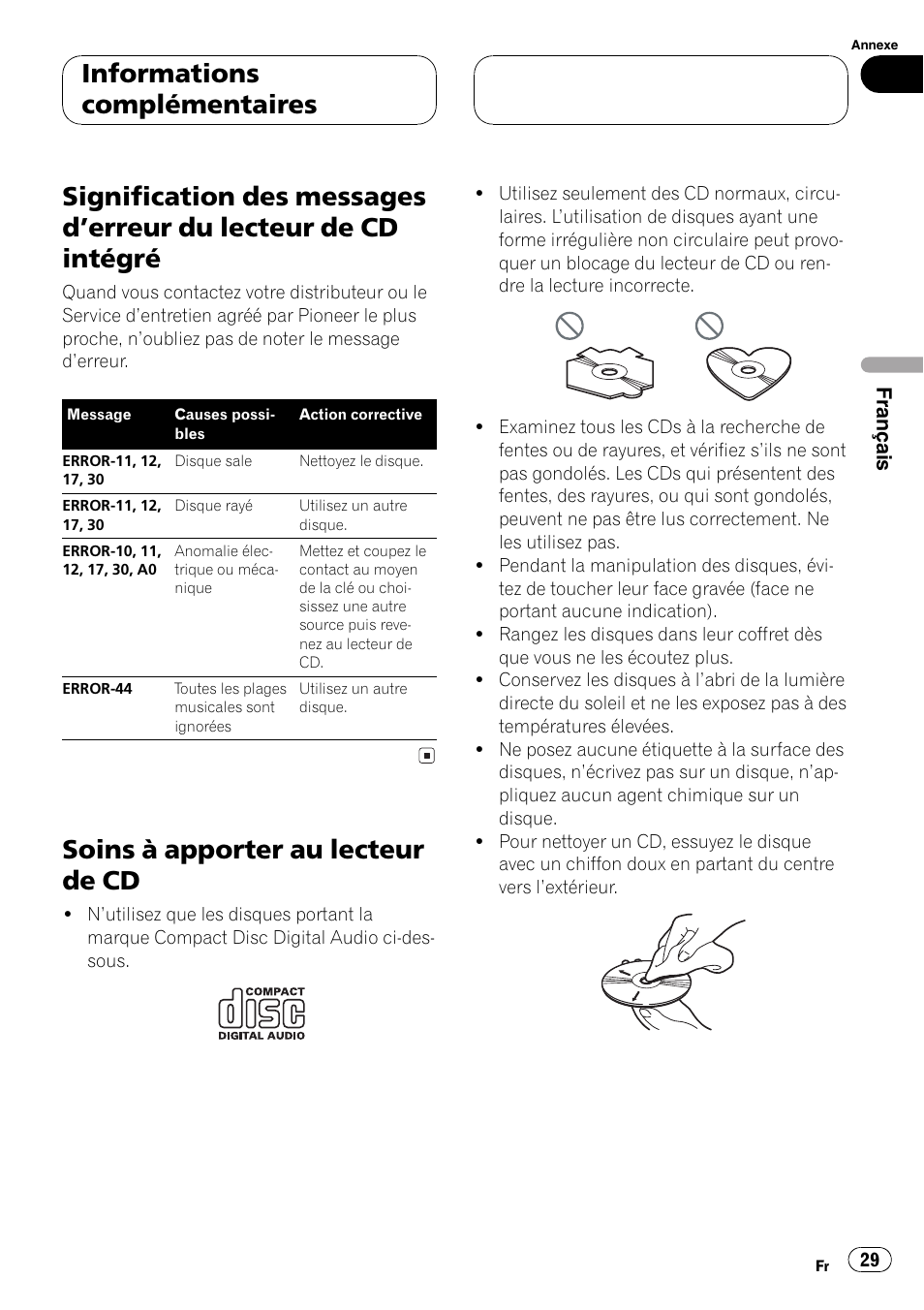 Lecteur de cd intégré 29, Soins à apporter au lecteur de cd 29, Soins à apporter au lecteur de cd | Informations complémentaires | Pioneer DEH-1700 User Manual | Page 29 / 46