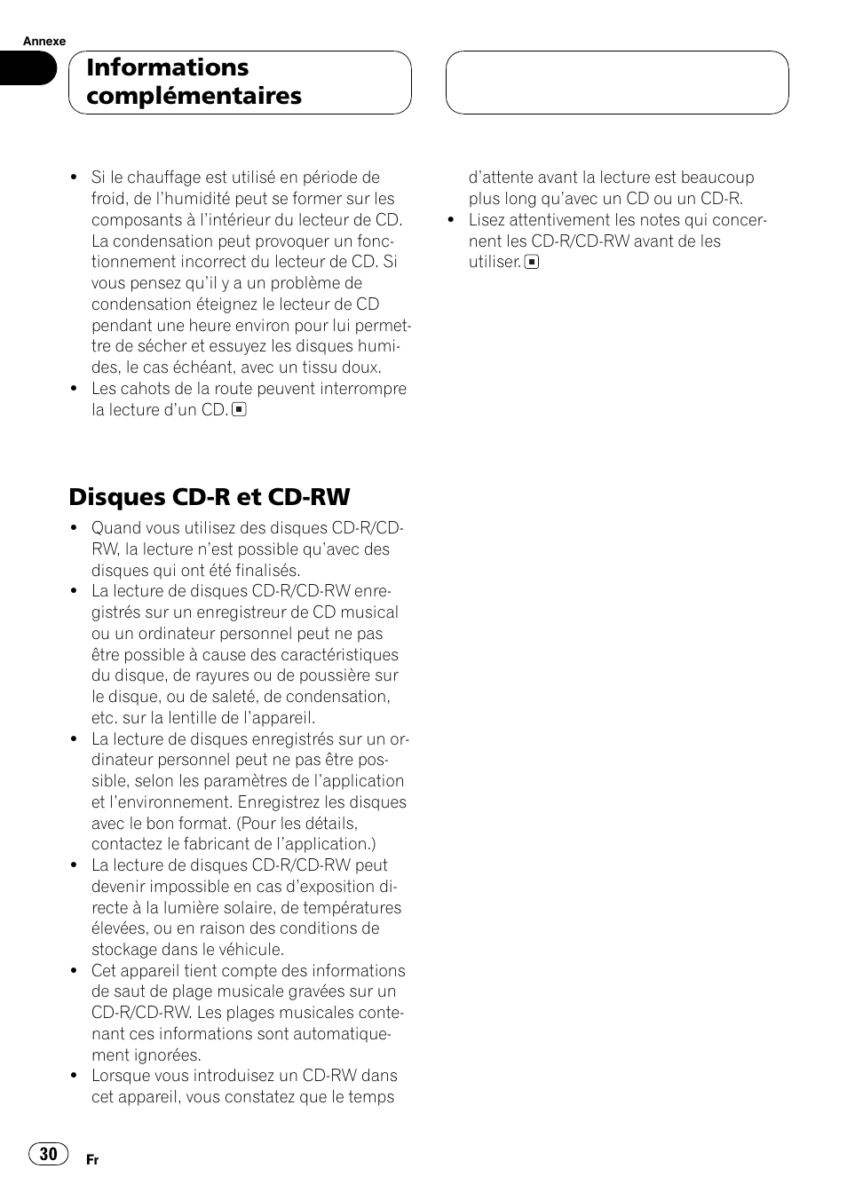 Disques cd-r et cd-rw 30, Disques cd-r et cd-rw, Informations complémentaires | Pioneer DEH-1700 User Manual | Page 30 / 46