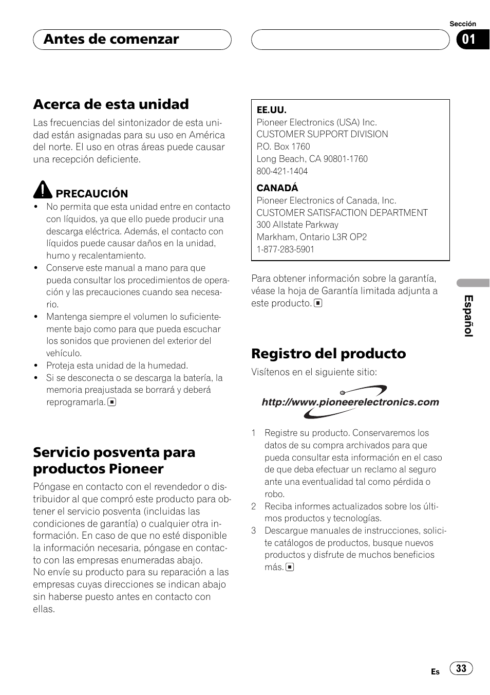 Pioneer 33, Registro del producto 33, Acerca de esta unidad | Servicio posventa para productos pioneer, Registro del producto, Antes de comenzar | Pioneer DEH-1700 User Manual | Page 33 / 46