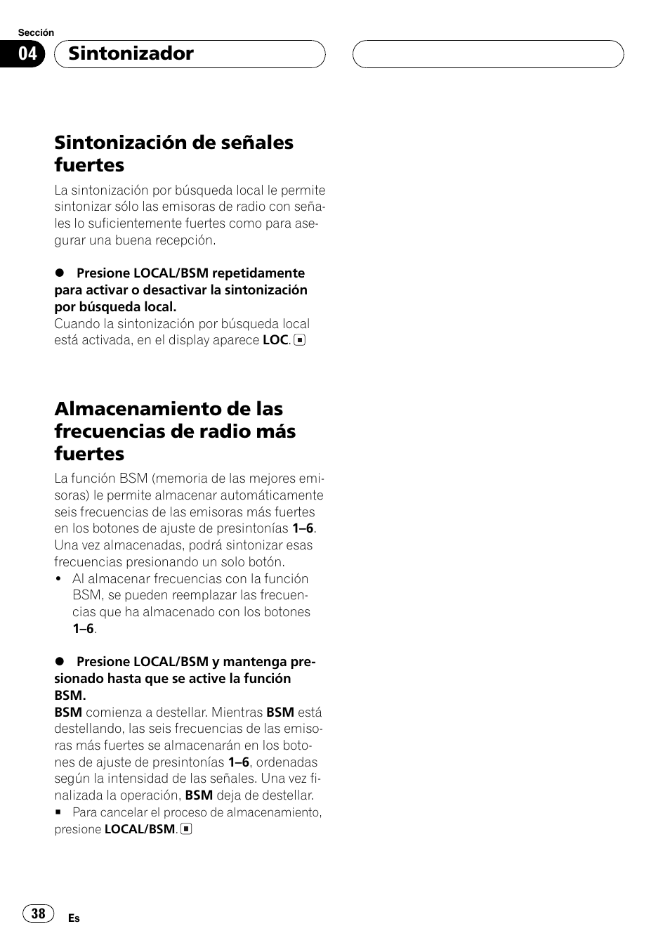 Más fuertes 38, Sintonización de señales fuertes, Sintonizador | Pioneer DEH-1700 User Manual | Page 38 / 46