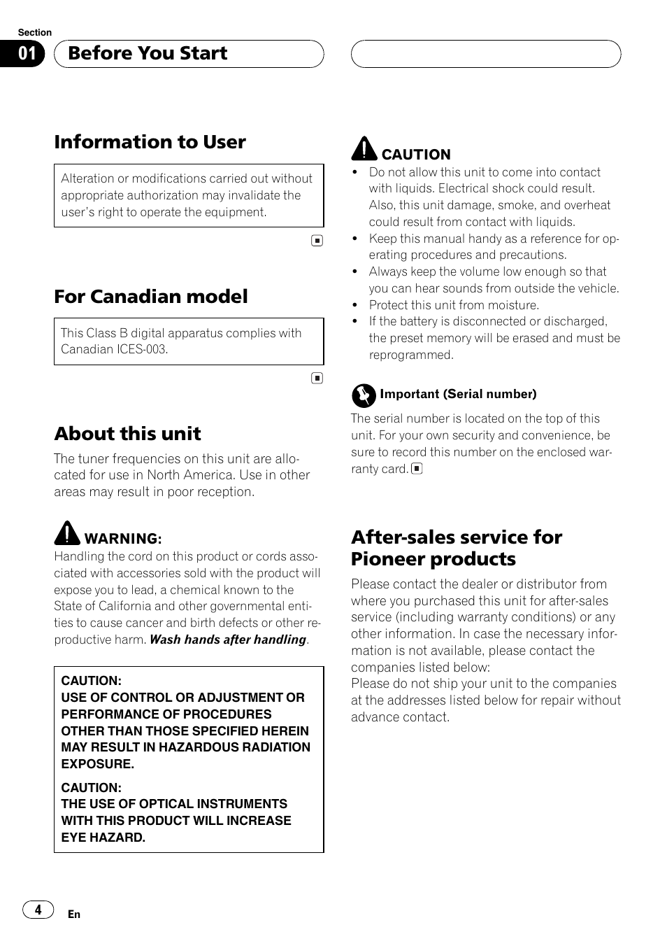 Information to user, For canadian model, About this unit | After-sales service for pioneer products, Before you start | Pioneer DEH-1700 User Manual | Page 4 / 46