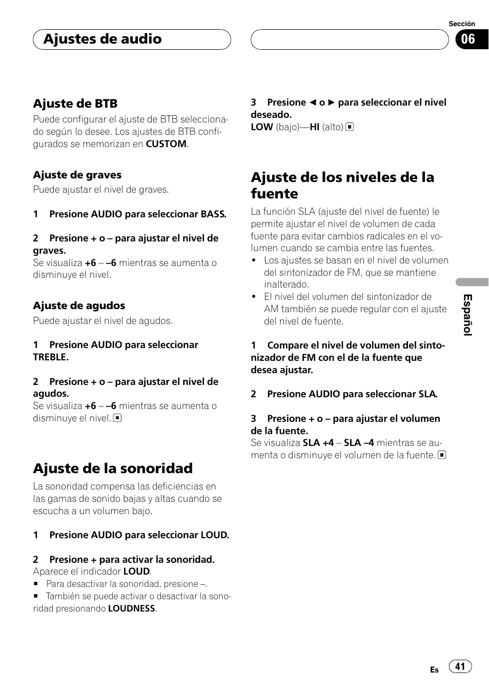 Ajuste de btb 41, Ajuste de la sonoridad, Ajuste de los niveles de la fuente | Ajustes de audio | Pioneer DEH-1700 User Manual | Page 41 / 46