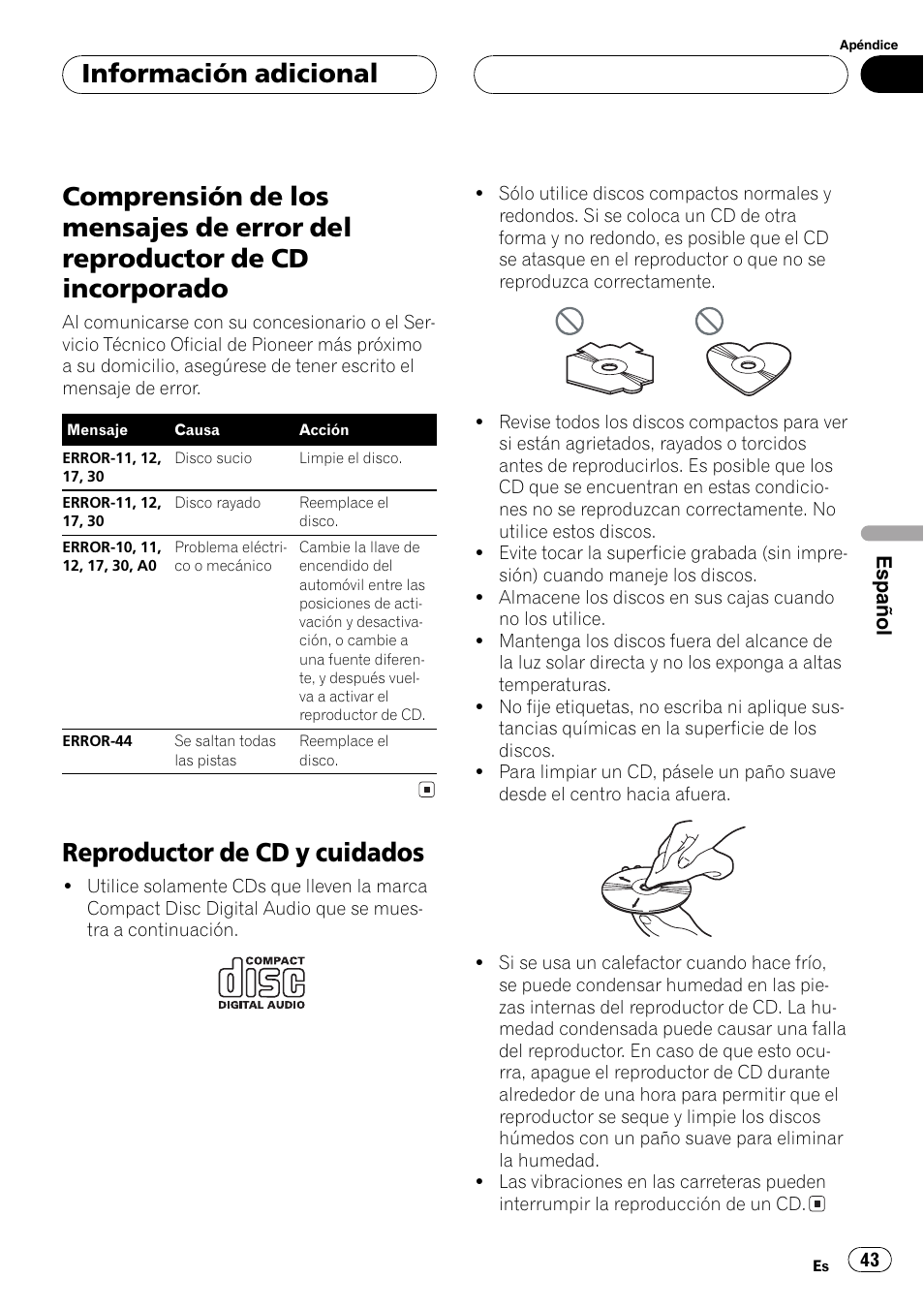 Reproductor de cd incorporado 43, Reproductor de cd y cuidados 43, Reproductor de cd y cuidados | Información adicional | Pioneer DEH-1700 User Manual | Page 43 / 46