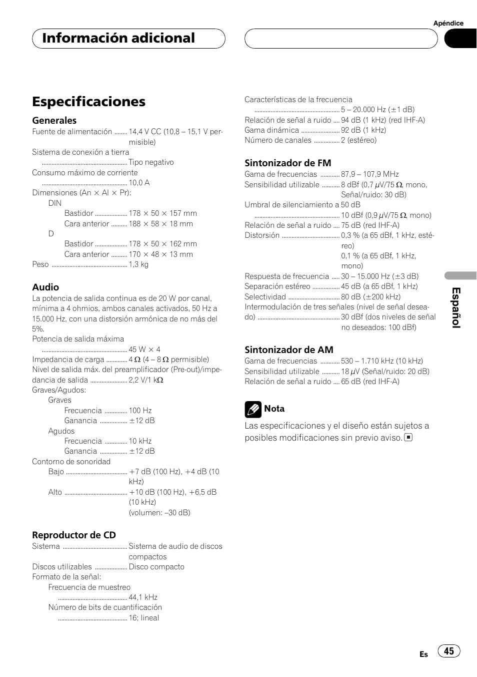 Especificaciones 45, Especificaciones, Información adicional | Español | Pioneer DEH-1700 User Manual | Page 45 / 46