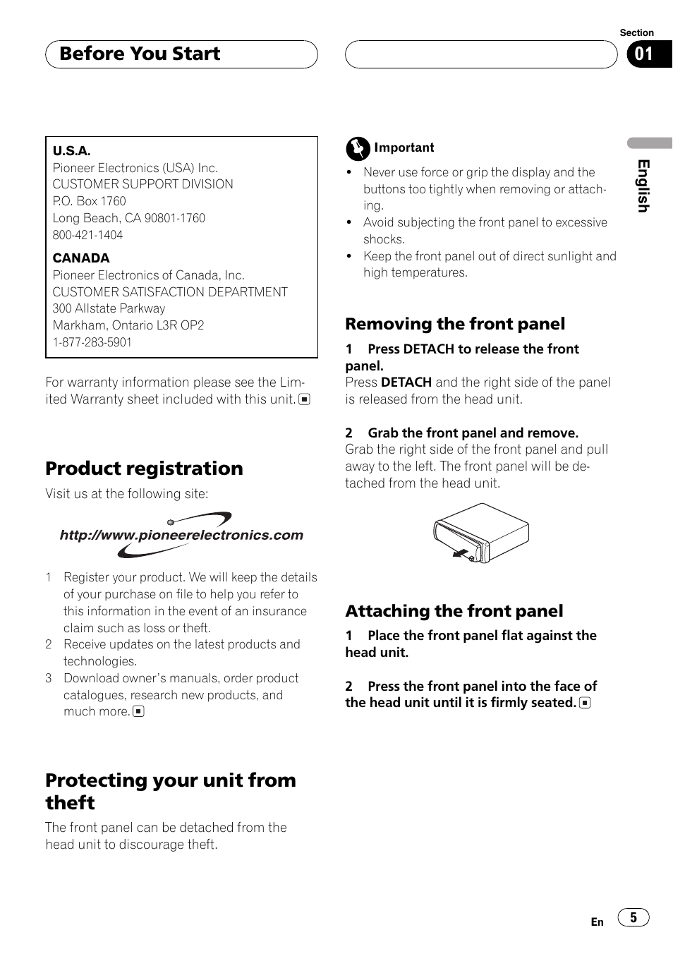 Removing the front panel 5, Attaching the front panel 5, Product registration | Protecting your unit from theft, Before you start | Pioneer DEH-1700 User Manual | Page 5 / 46