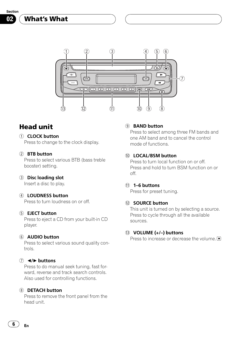 Whats what head unit 6, Head unit, Whats what | Pioneer DEH-1700 User Manual | Page 6 / 46