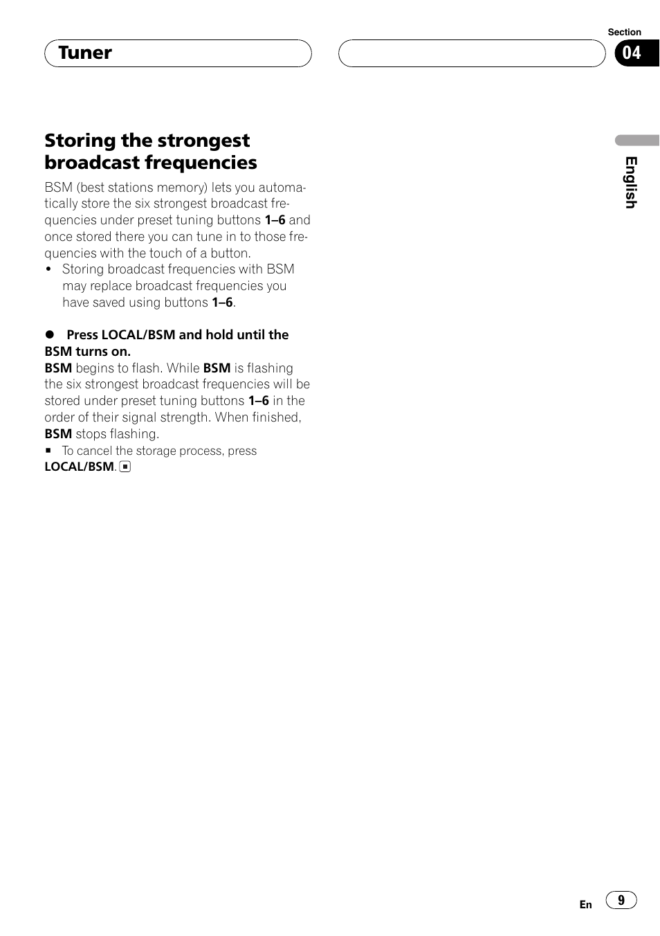 Storing the strongest broadcast, Frequencies 9, Storing the strongest broadcast frequencies | Tuner | Pioneer DEH-1700 User Manual | Page 9 / 46