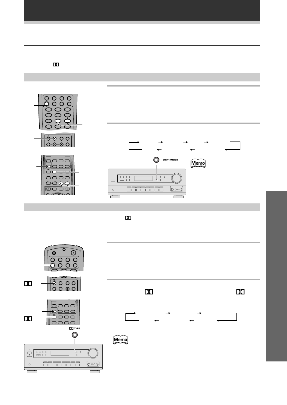 Selecting a sound mode, Operation, 2 press dsp mode to select the sound mode | Surround operation, Advanced theater mode ( dolby/dts mode), 2 switch the dolby/dts mode on and off by pressing, On the remote control or, Dts on the front panel, Sound m, Sound modes | Pioneer VSX-709RDS User Manual | Page 39 / 68