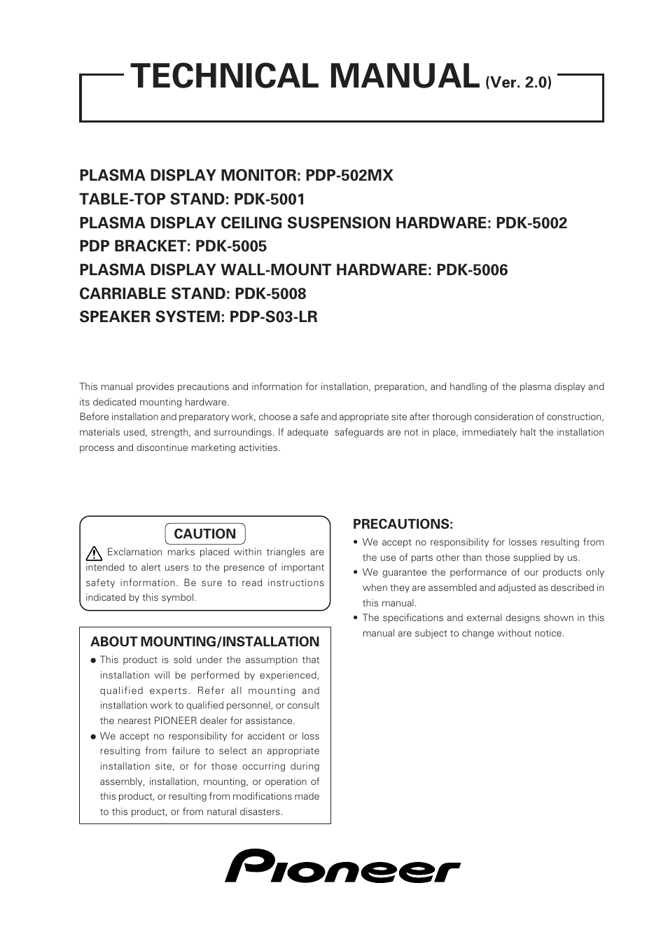 Pioneer Plasma Display Monitor 502MX User Manual | 143 pages