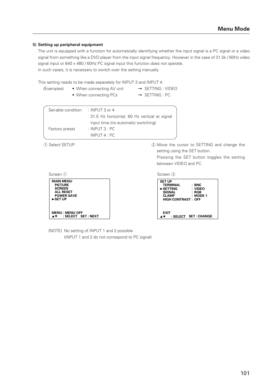101 menu mode | Pioneer Plasma Display Monitor 502MX User Manual | Page 101 / 143