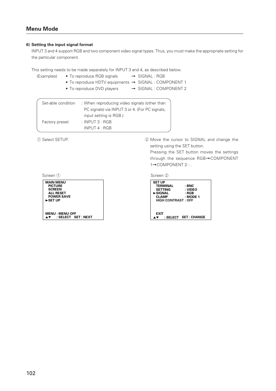 102 menu mode | Pioneer Plasma Display Monitor 502MX User Manual | Page 102 / 143