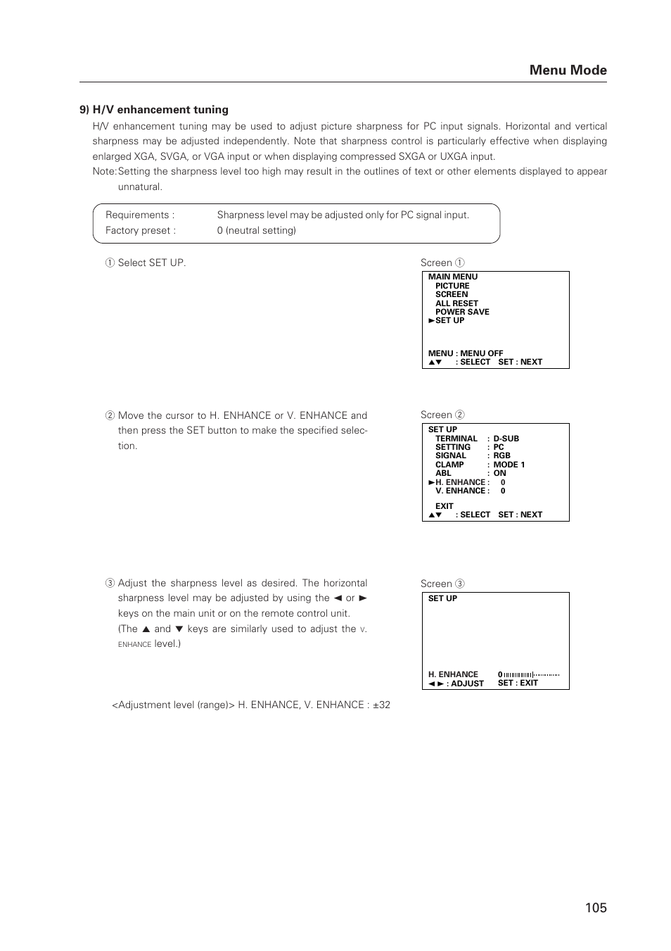 105 menu mode, 9) h/v enhancement tuning | Pioneer Plasma Display Monitor 502MX User Manual | Page 105 / 143