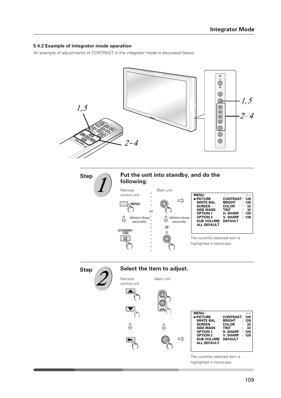 Integrator mode, Put the unit into standby, and do the following, Step | Select the item to adjust. step, 2 example of integrator mode operation | Pioneer Plasma Display Monitor 502MX User Manual | Page 109 / 143