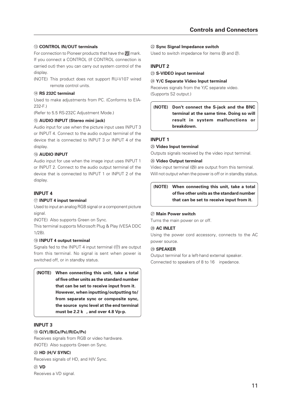 Controls and connectors | Pioneer Plasma Display Monitor 502MX User Manual | Page 11 / 143