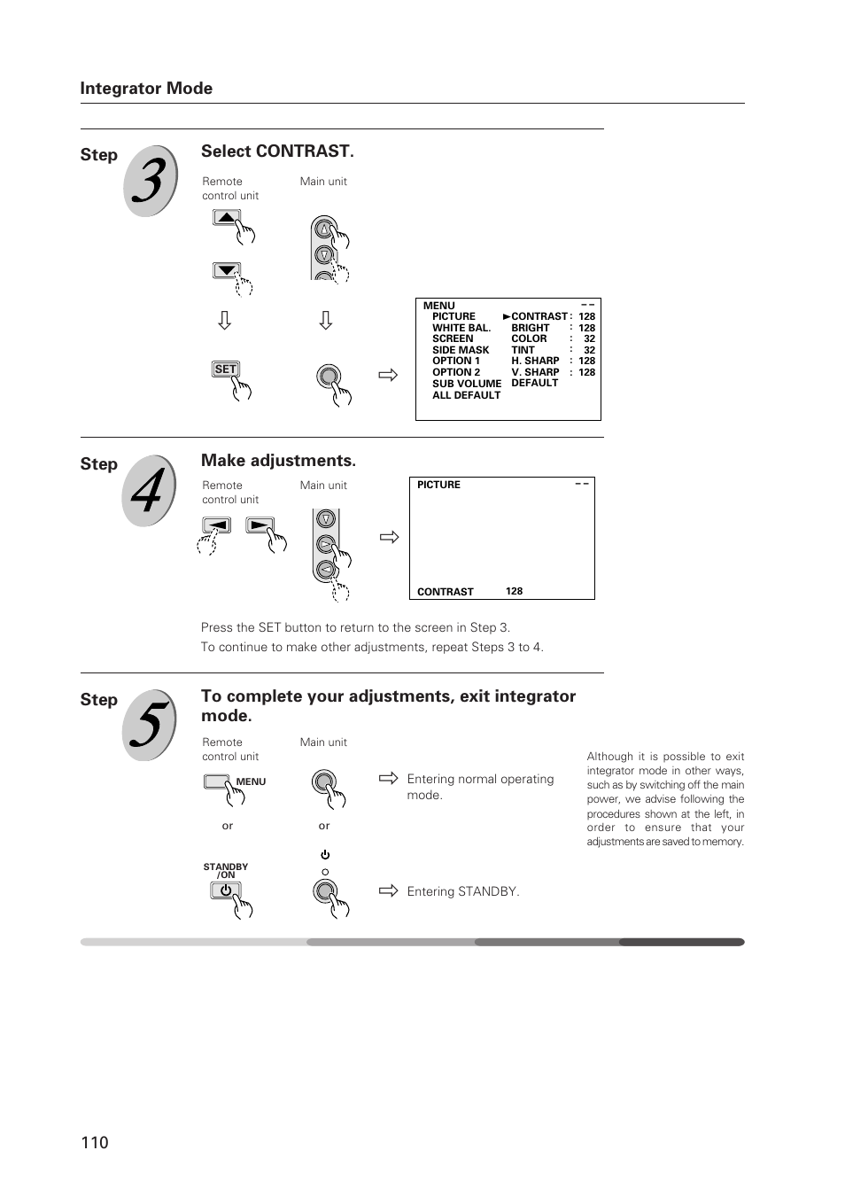 110 integrator mode, Select contrast. step, Make adjustments. step | Pioneer Plasma Display Monitor 502MX User Manual | Page 110 / 143