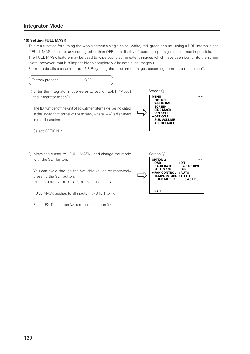 120 integrator mode | Pioneer Plasma Display Monitor 502MX User Manual | Page 120 / 143