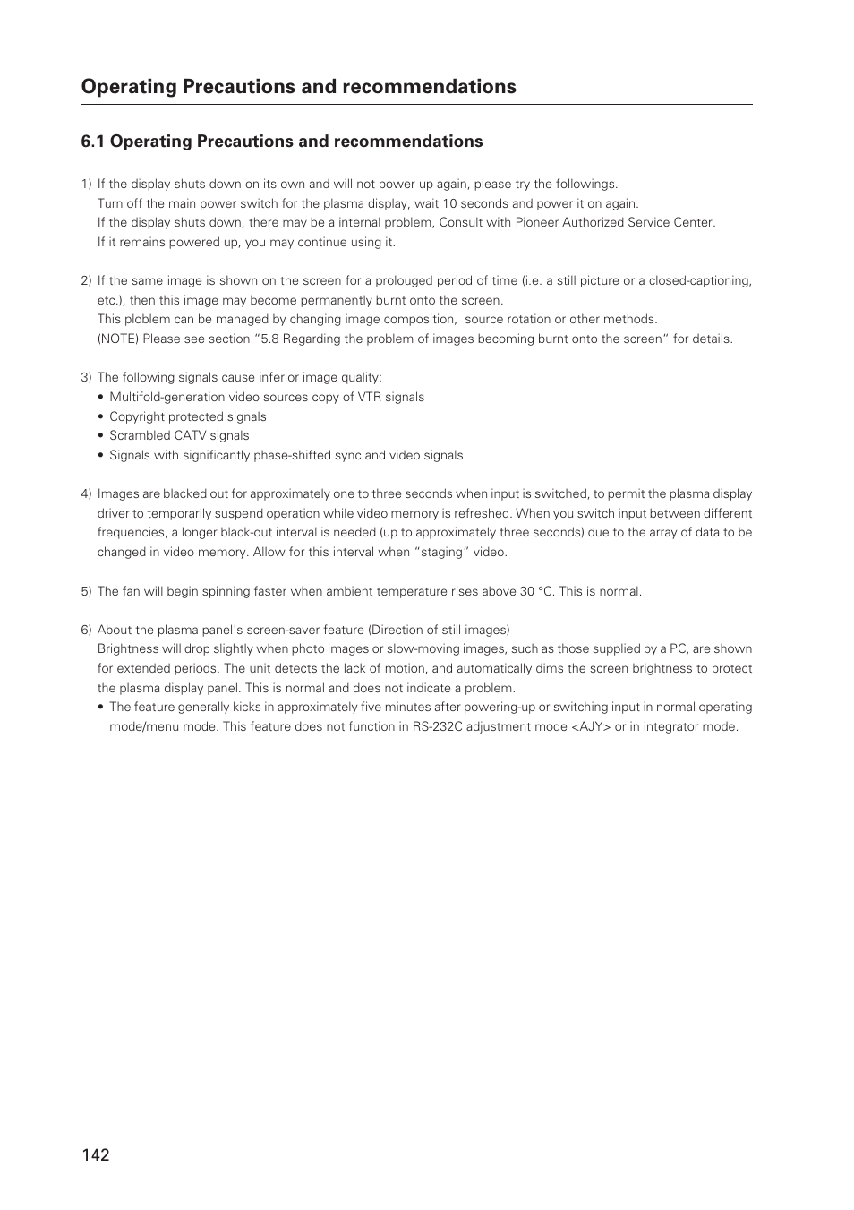 Operating precautions and recommendations | Pioneer Plasma Display Monitor 502MX User Manual | Page 142 / 143