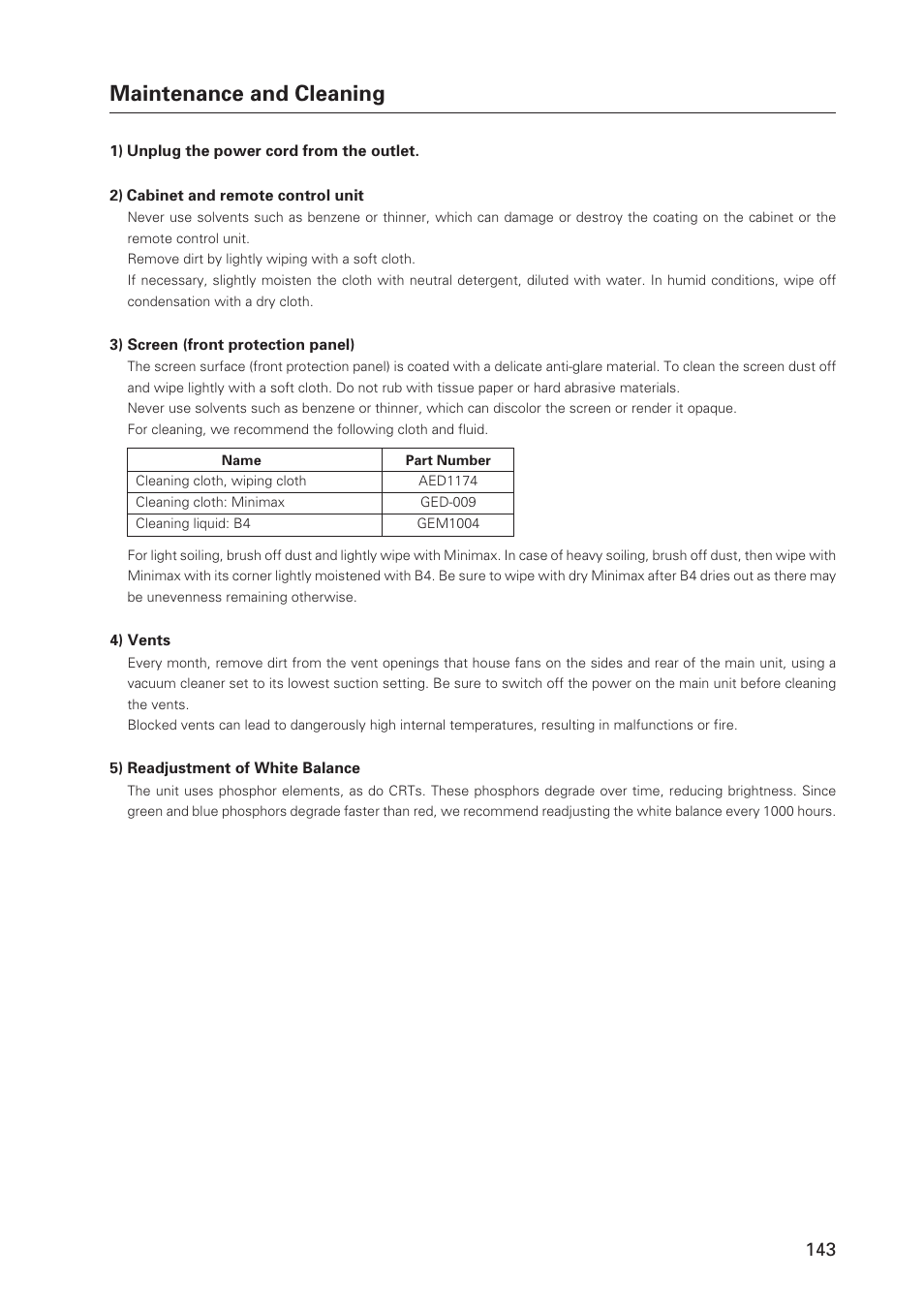 Maintenance and cleaning | Pioneer Plasma Display Monitor 502MX User Manual | Page 143 / 143