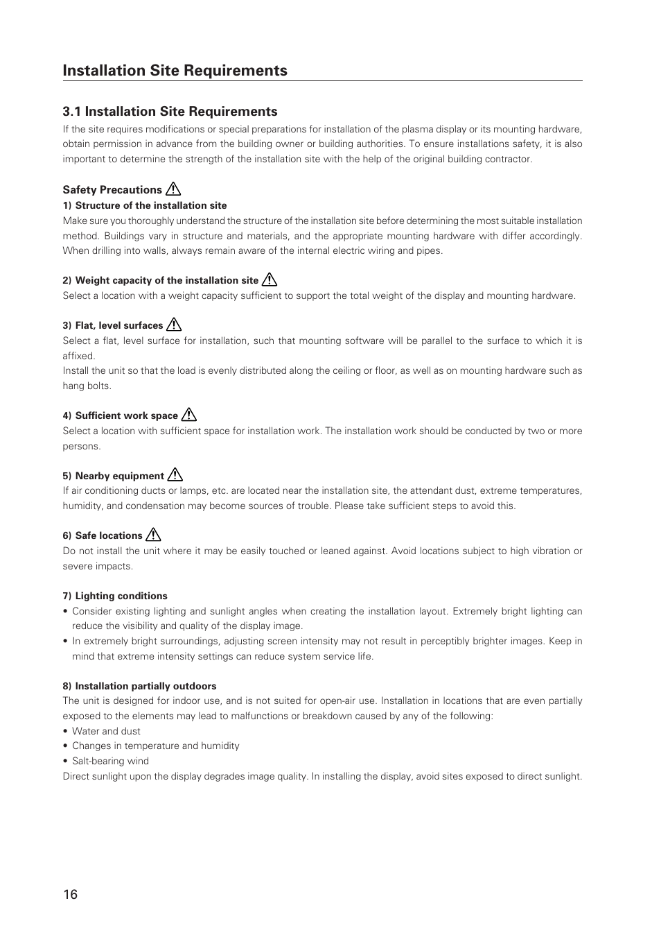 Installation site requirements, 16 3.1 installation site requirements | Pioneer Plasma Display Monitor 502MX User Manual | Page 16 / 143