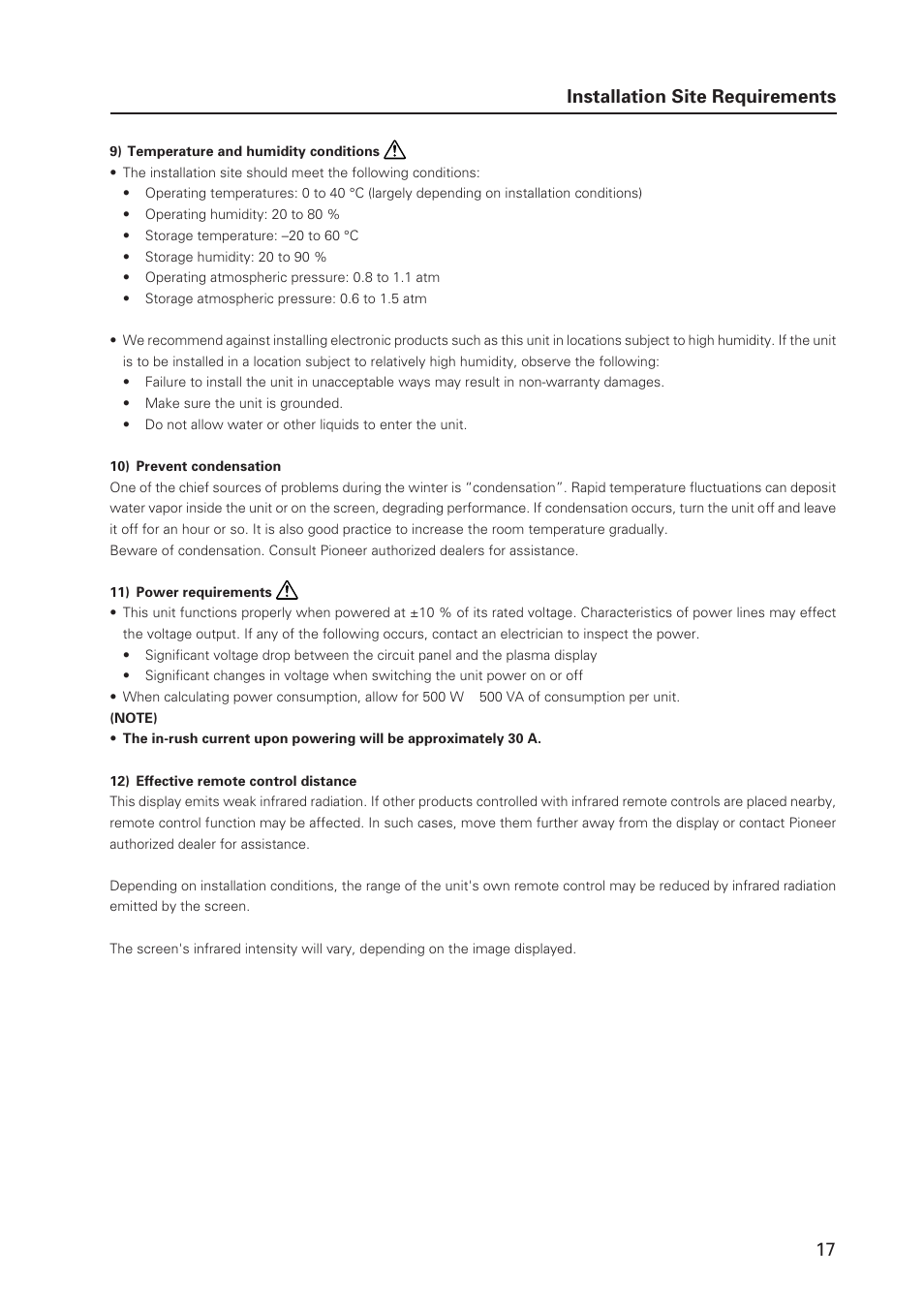Installation site requirements | Pioneer Plasma Display Monitor 502MX User Manual | Page 17 / 143