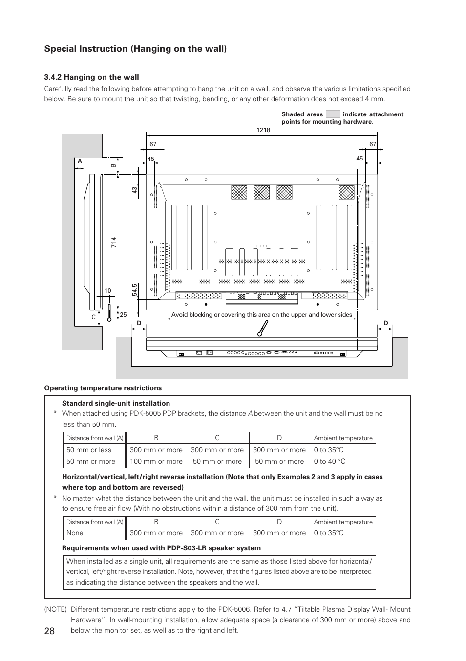 Special instruction (hanging on the wall) | Pioneer Plasma Display Monitor 502MX User Manual | Page 28 / 143