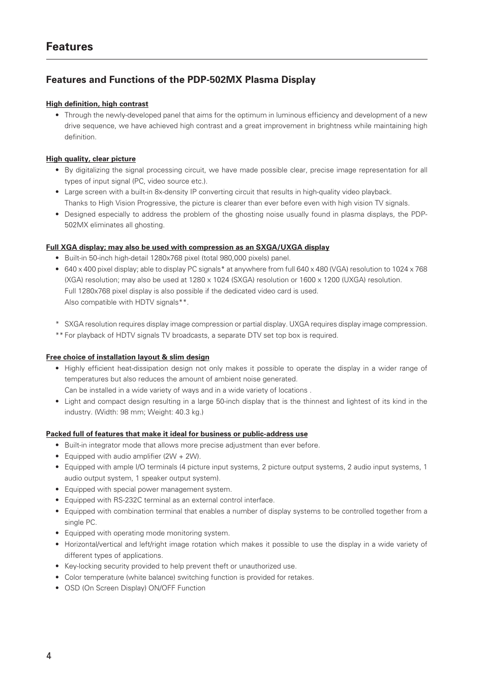 Features | Pioneer Plasma Display Monitor 502MX User Manual | Page 4 / 143