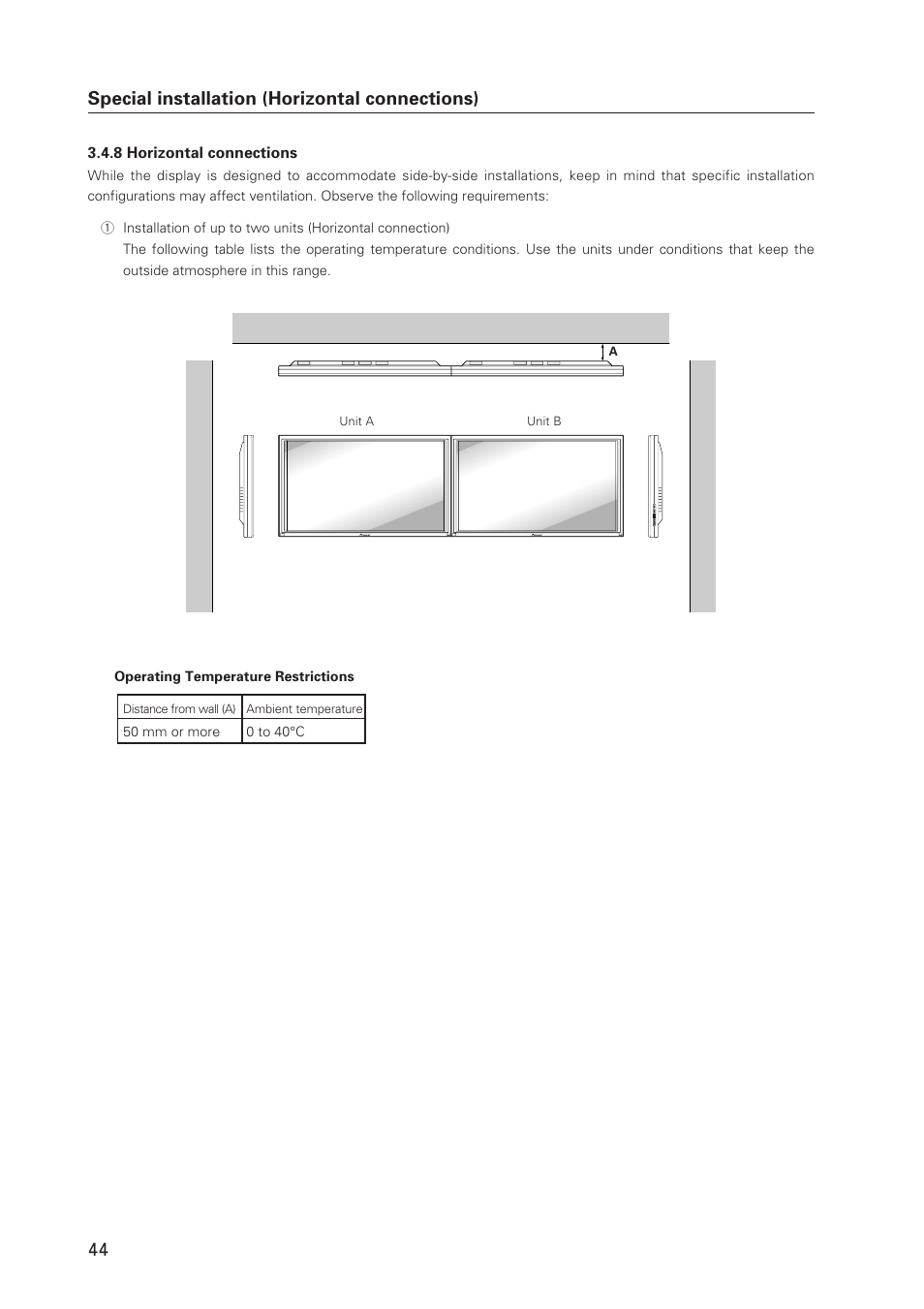 Special installation (horizontal connections) | Pioneer Plasma Display Monitor 502MX User Manual | Page 44 / 143