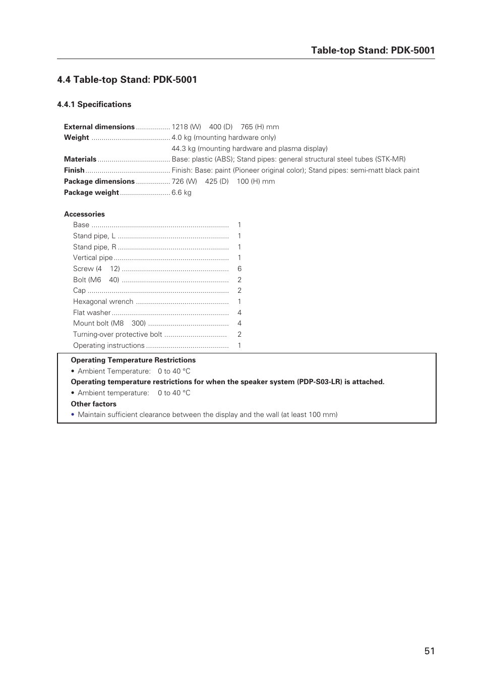 Table-top stand: pdk-5001 | Pioneer Plasma Display Monitor 502MX User Manual | Page 51 / 143