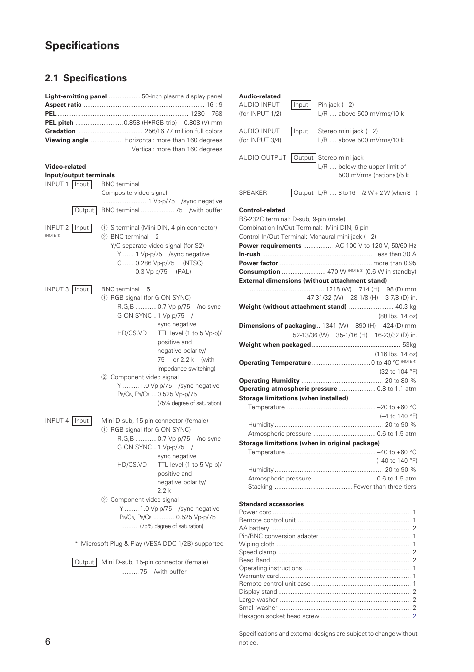 Specifications, 1 specifications | Pioneer Plasma Display Monitor 502MX User Manual | Page 6 / 143