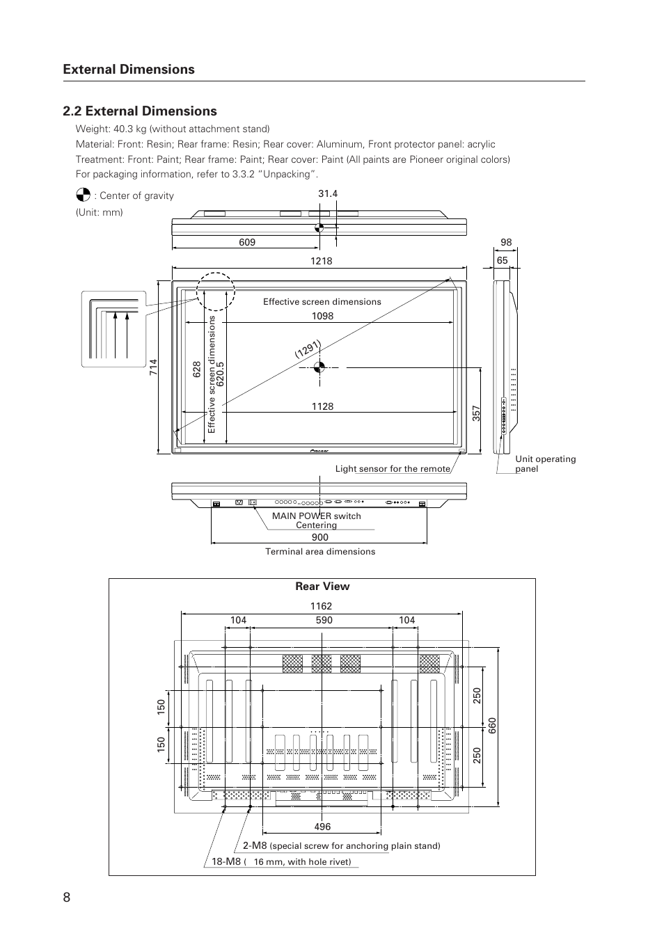 2 external dimensions, External dimensions | Pioneer Plasma Display Monitor 502MX User Manual | Page 8 / 143