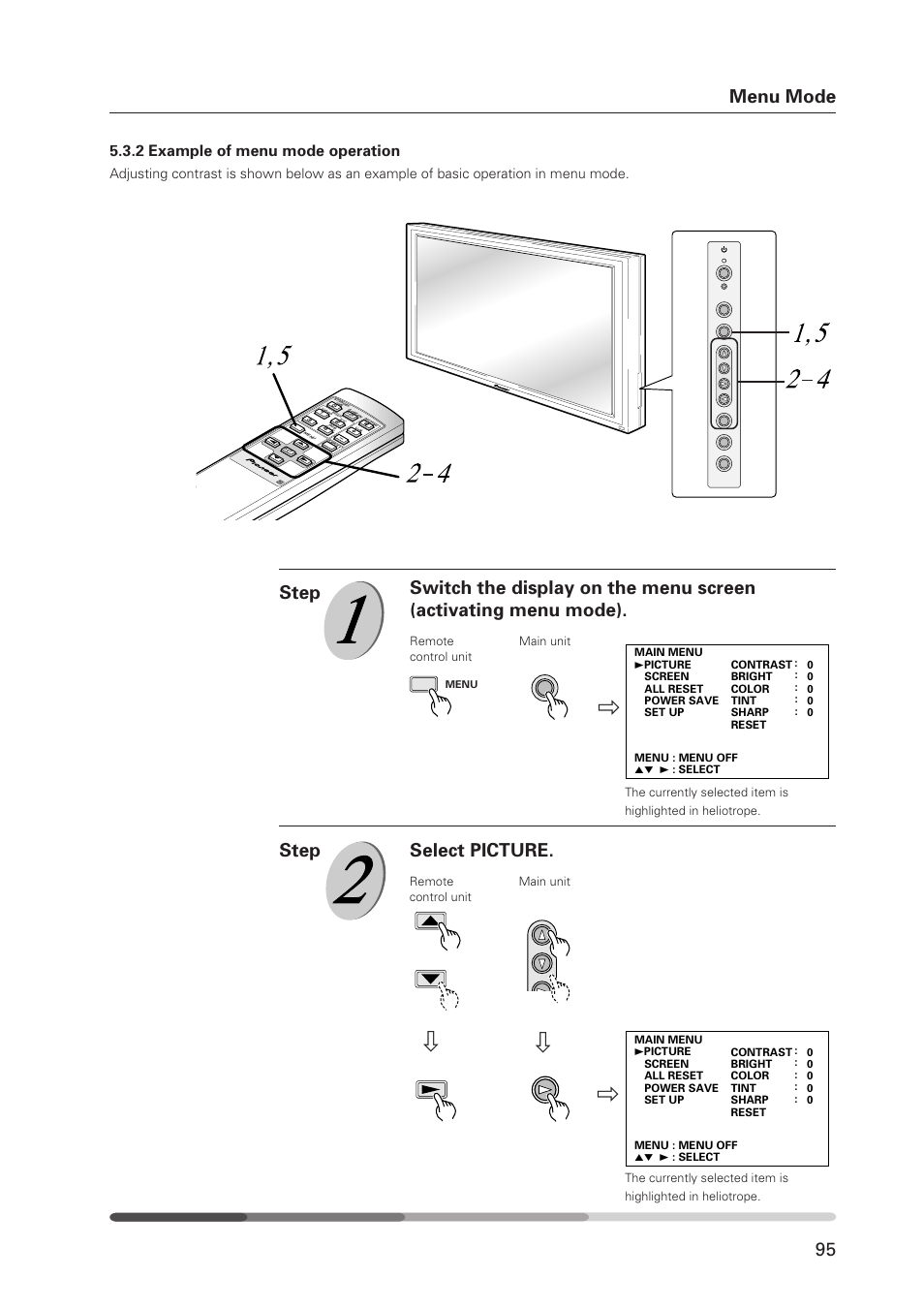 Select picture, Step, 2 example of menu mode operation | Pioneer Plasma Display Monitor 502MX User Manual | Page 95 / 143