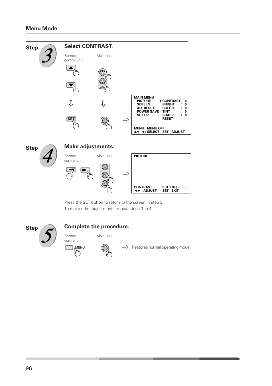 Menu mode, Select contrast. step, Make adjustments. step | Complete the procedure. step | Pioneer Plasma Display Monitor 502MX User Manual | Page 96 / 143