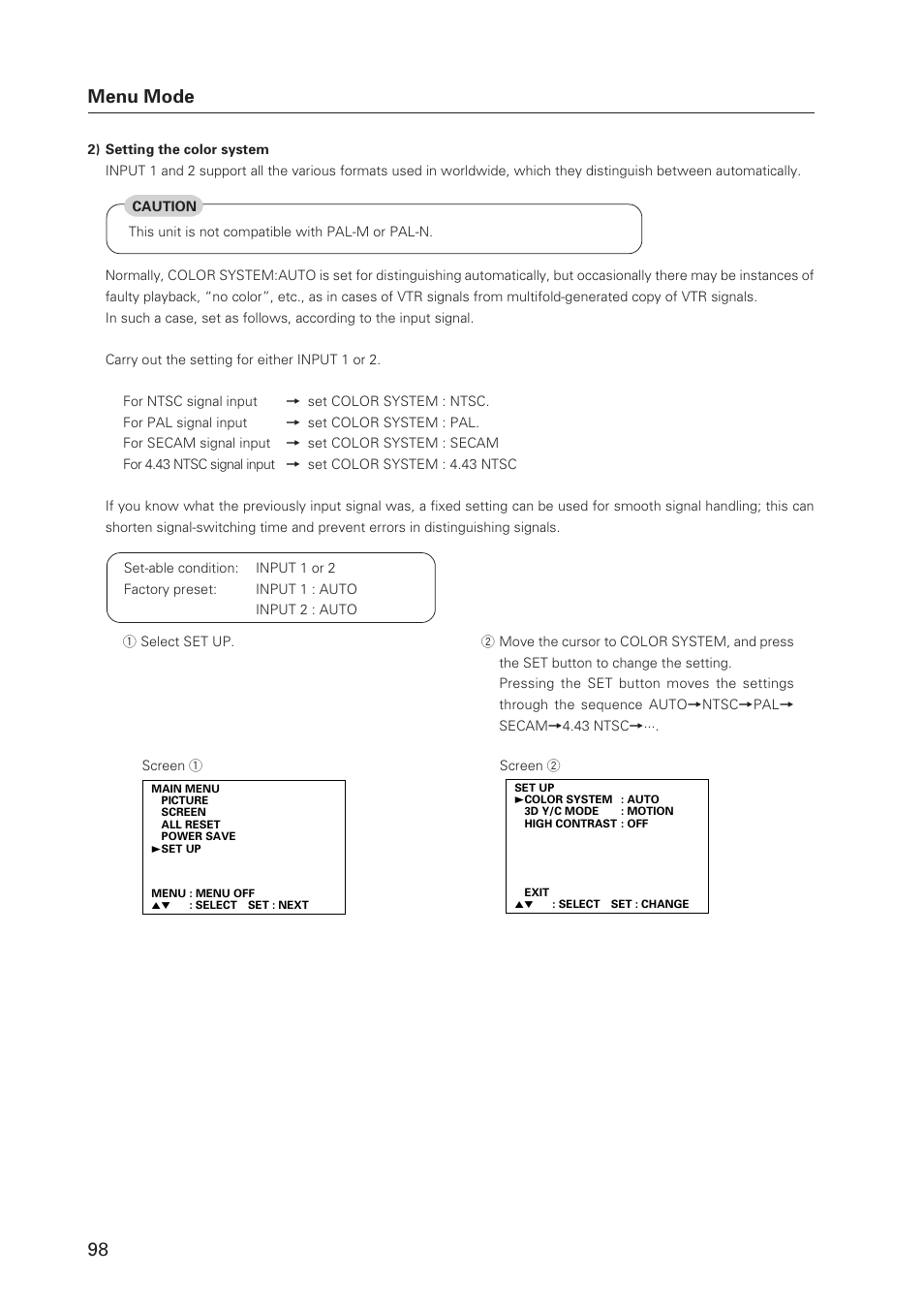 98 menu mode | Pioneer Plasma Display Monitor 502MX User Manual | Page 98 / 143