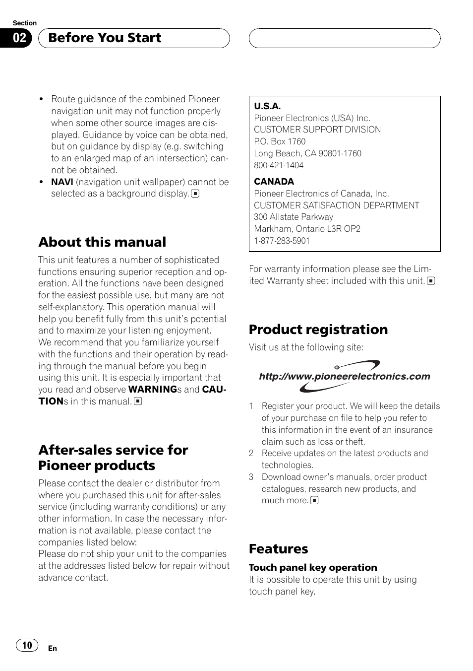About this manual, After-sales service for pioneer products, Product registration | Features, Before you start | Pioneer AV Receiver/DVD Payer with 6.5 inch Wide Display AVH-P5700DVD User Manual | Page 10 / 114