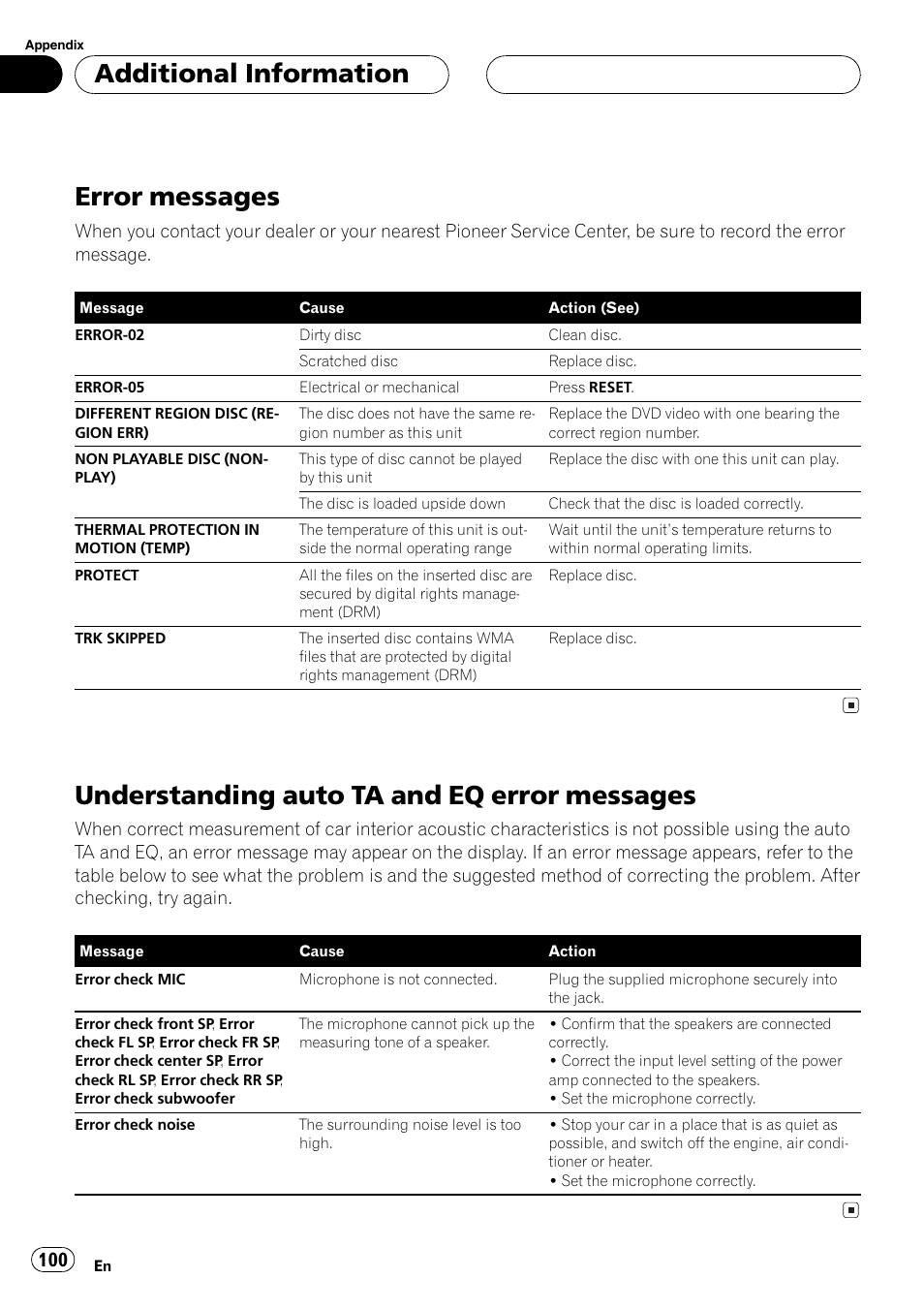 Messages 100, Under, Standing auto ta and eq error messages on | Error messages, Understanding auto ta and eq error messages, Additionalinformation | Pioneer AV Receiver/DVD Payer with 6.5 inch Wide Display AVH-P5700DVD User Manual | Page 100 / 114