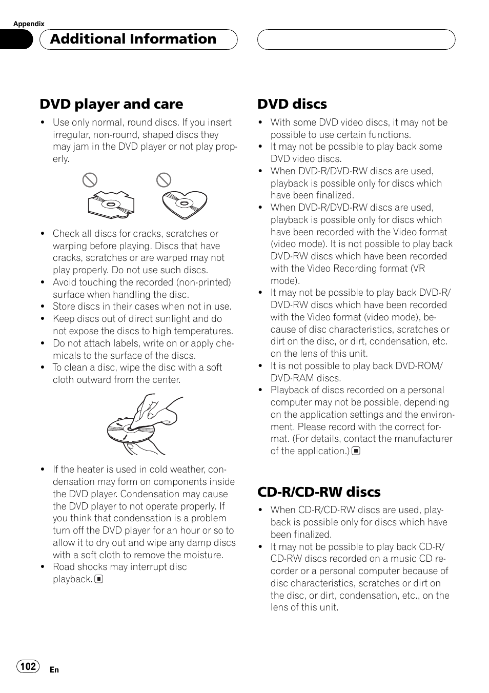 Dvd player and care, Dvd discs, Cd-r/cd-rw discs | Additionalinformation | Pioneer AV Receiver/DVD Payer with 6.5 inch Wide Display AVH-P5700DVD User Manual | Page 102 / 114