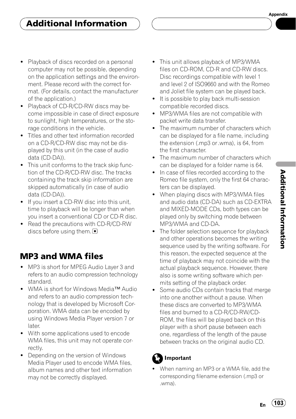 Mp3 and wma files 103, Mp3 and wma files, Additionalinformation | Pioneer AV Receiver/DVD Payer with 6.5 inch Wide Display AVH-P5700DVD User Manual | Page 103 / 114