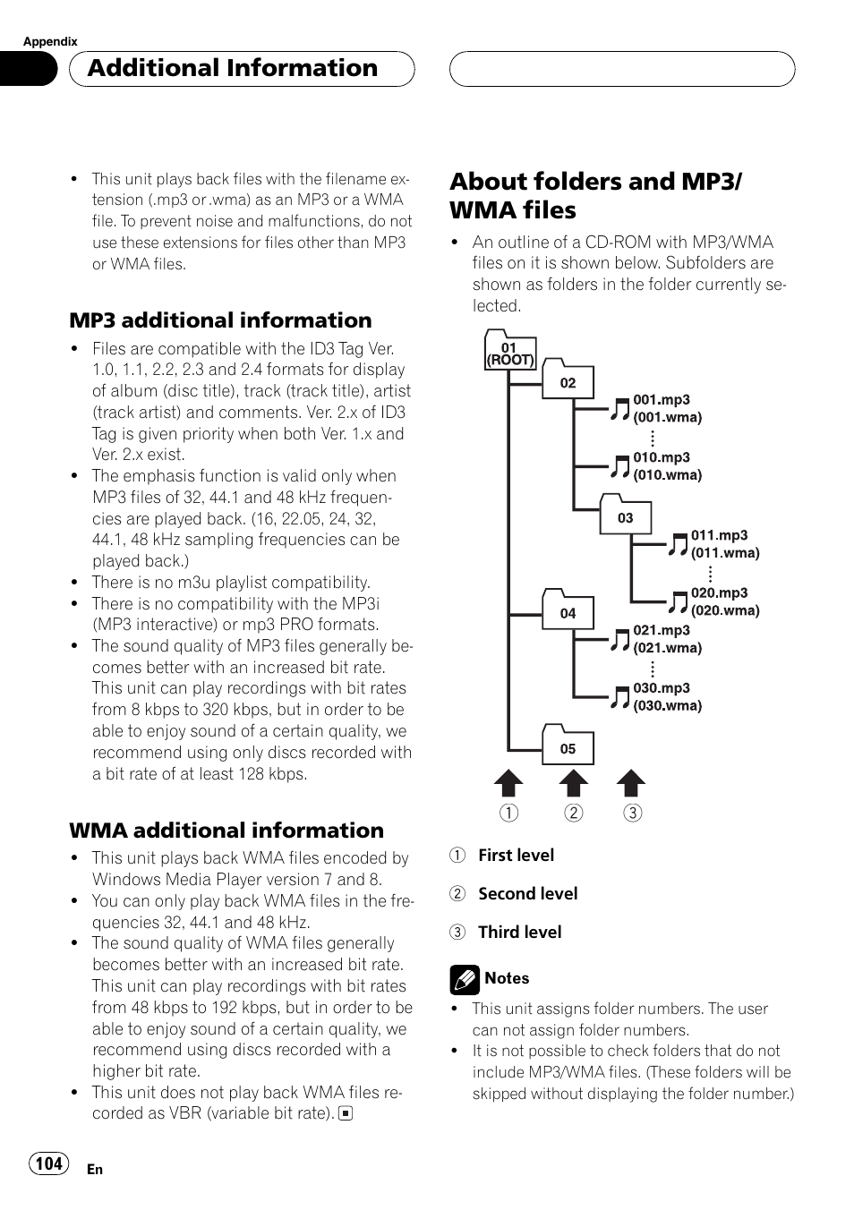 About folders and mp3/wma files 104, About folders and mp3/ wma files, Additionalinformation | Mp3 additionalinformation, Wma additionalinformation | Pioneer AV Receiver/DVD Payer with 6.5 inch Wide Display AVH-P5700DVD User Manual | Page 104 / 114